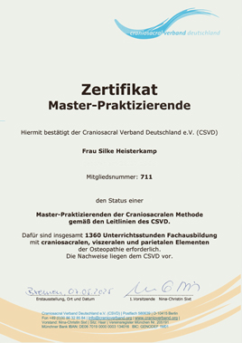 Zertifikat Master-Praktizierende der Craniosacralen Methode